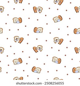 Funny couple bread cartoon characters. Seamless pattern. Cute kawaii bakery friends. Hand drawn style. Vector drawing. Design ornaments.