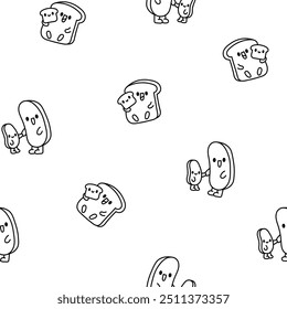 Funny couple bread cartoon characters. Seamless pattern. Coloring Page. Cute kawaii bakery friends. Hand drawn style. Vector drawing. Design ornaments.
