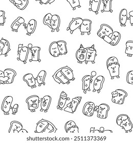 Funny couple bread cartoon characters. Seamless pattern. Coloring Page. Cute kawaii bakery friends. Hand drawn style. Vector drawing. Design ornaments.