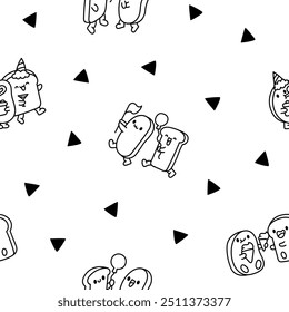 Funny couple bread cartoon characters. Seamless pattern. Coloring Page. Cute kawaii bakery friends. Hand drawn style. Vector drawing. Design ornaments.