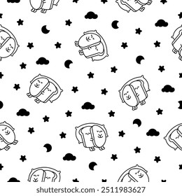 Personagens engraçados de desenhos animados de pão de casal. Padrão contínuo. Página de cores. Bonitos amigos da padaria kawaii. Estilo desenhado à mão. Desenho vetorial. Desenhar ornamentos.