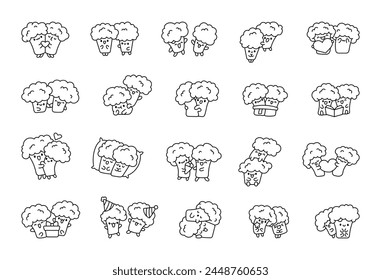 Funny couple broccoli cartoon characters. Coloring Page. Cute food friends. Hand drawn style. Vector drawing. Collection of design elements.