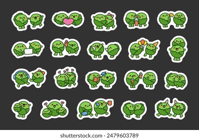 Funny couple of cabbage friends. Sticker Bookmark. Cute cartoon vegetables. Hand drawn style. Vector drawing. Collection of design elements.