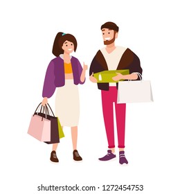 Funny couple carrying shopping bags and boxes. cute boyfriend and girlfriend holding their purchases. Pair of shopaholics. Cartoon characters isolated on white background. Flat vector illustration.