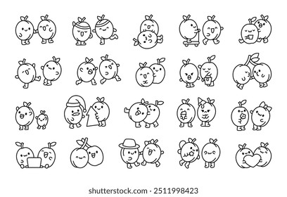 Funny couple of cartoon plums. Coloring Page. Cute fruit friends. Hand drawn style. Vector drawing. Collection of design elements.