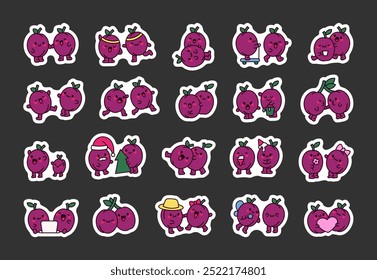 Funny couple of cartoon plums. Sticker Bookmark. Cute fruit friends. Hand drawn style. Vector drawing. Collection of design elements.