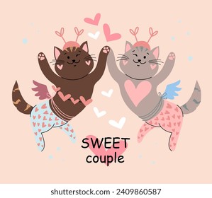 Funny couple cats and hearts. Valentine's Day card. Vectir illustration in doodle style