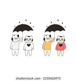Funny couple of cats with umbrella doodle icon. Cute pets vector art on white background.