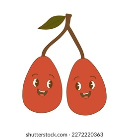 Funny couple of cherries in form of  eggs in retro style. Happy Easter day. Two 70s happy berries in shape of  eggs. Vector illustration