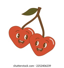 Funny couple of cherries in form of hearts in retro style. Happy Valentines day. Love illustration in flat design. Two 70s happy berries in shape of hearts.  Isolated on white background. Vector 
