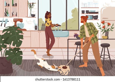 Funny couple cleaning house together cartoon vector illustration. Man and woman doing housework at kitchen. Casual family washing dirty dishes and floor, making housekeeping domestic chores.