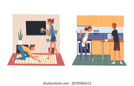 Funny Couple Cleaning House Together Wiping TV Screen and Mopping Floor at Kitchen Vector Set