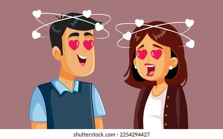 
Una pareja divertida se siente enamorada de la caricatura del otro vector. Hombre y mujer enamorados en su primera cita
