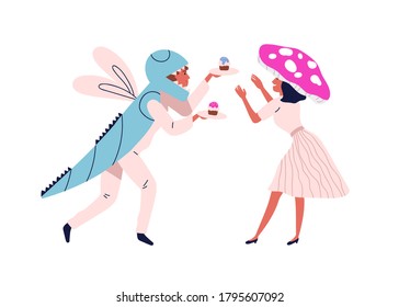 Funny couple in festive halloween mushroom and dragonfly costume. People in masquerade clothes with cupcakes in holiday. Flat vector cartoon illustration isolated on white background