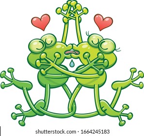 Funny couple of green frogs having a romantic encounter. They intertwine their hands and legs while closing their eyes, drooling and performing a passionate French kiss. They show a red heart