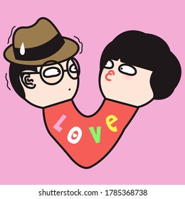 Funny Couple Head On Love Heart Sign Concept Card Character illustration