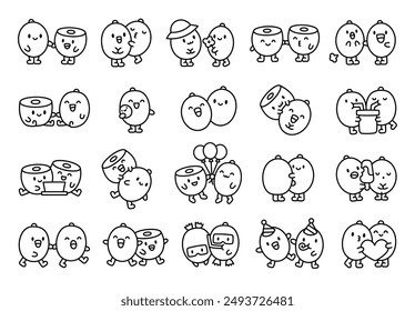 Funny couple kiwi cartoon characters. Coloring Page. Cute food friends. Hand drawn style. Vector drawing. Collection of design elements.