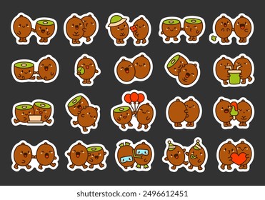 Funny couple kiwi cartoon characters. Sticker Bookmark. Cute food friends. Hand drawn style. Vector drawing. Collection of design elements.