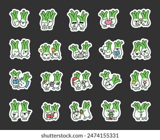 Funny couple leek cartoon characters. Sticker Bookmark. Cute vegetable friends. Hand style. Vector drawing. Collection of design elements.