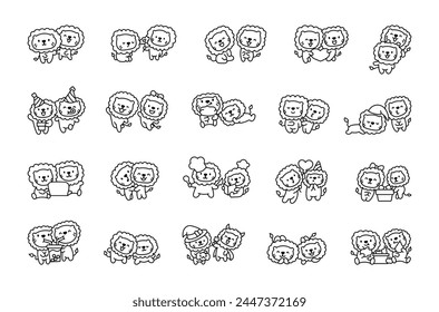Funny couple of lion cartoon characters. Coloring Page. Cute kawaii animal friends. Hand style. Vector drawing. Collection of design elements.