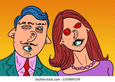 funny couple in love. Mixed faces eyes mouth ears nose. Comic cartoon pop art retro vector illustration drawing