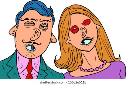 funny couple in love. Mixed faces eyes mouth ears nose. Comic cartoon pop art retro vector illustration drawing