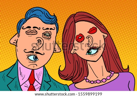 funny couple in love. Mixed faces eyes mouth ears nose. Comic cartoon pop art retro vector illustration drawing