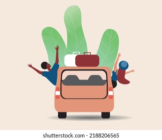 Funny couple with luggage on car on road trip, flat vector stock illustration with modern leaves isolated