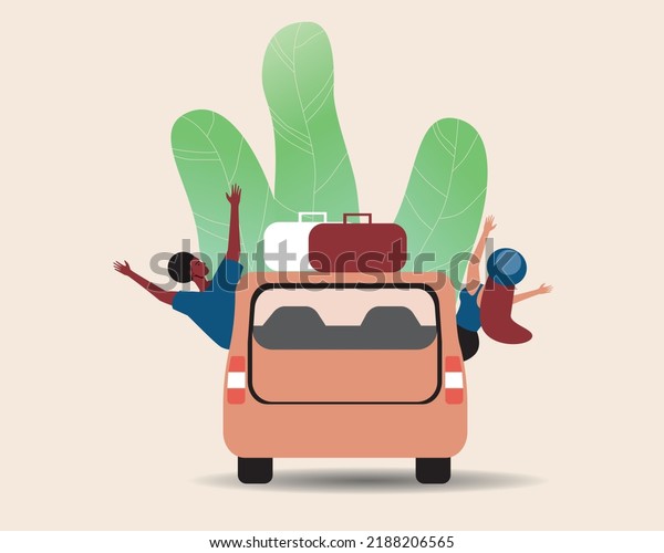Funny couple\
with luggage on car on road trip, flat vector stock illustration\
with modern leaves\
isolated