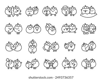 Funny couple mangosteen cartoon characters. Coloring Page. Cute food friends. Hand drawn style. Vector drawing. Collection of design elements.