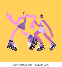 Funny couple on roller skates dancing and having fun. Disco style illustration. Flat isolated image