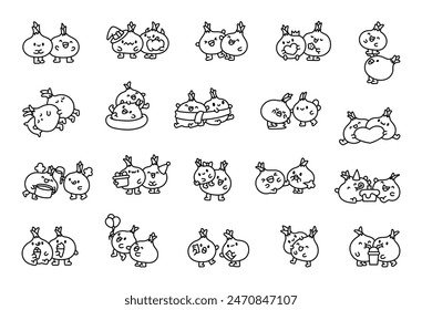 Funny couple of onions. Coloring Page. Cute charming characters. Hand drawn style. Vector drawing. Collection of design elements.