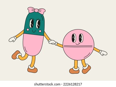 Funny couple of pills in cartoon groovy style. Cute medicament characters. Painkillers, antidepressants, antibiotics, vitamins pharmacy drugs. Concept of love and friendship. Vector illustration