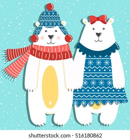 Funny couple of polar bears on a blue background with snow