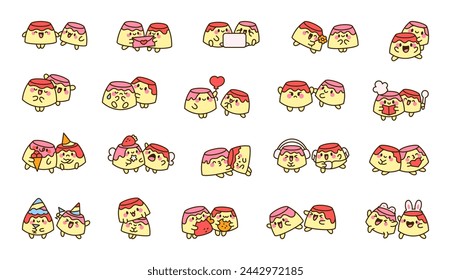 Funny couple pudding cartoon characters. Cute kawaii food friends. Hand drawn style. Vector drawing. Collection of design elements.