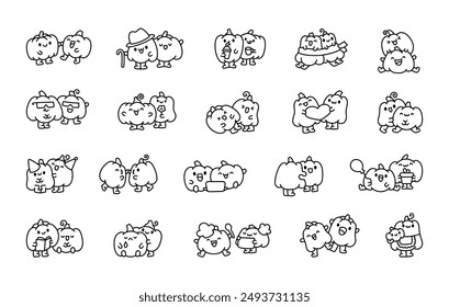 Funny couple pumpkin cartoon characters. Coloring Page. Cute food friends. Hand drawn style. Vector drawing. Collection of design elements.