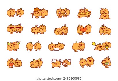 Funny couple pumpkin cartoon characters. Cute food friends. Hand drawn style. Vector drawing. Collection of design elements.