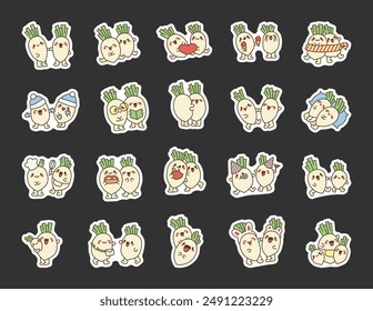 Funny couple of radishes. Sticker Bookmark. Cute cartoon vegetables friends. Hand style. Vector drawing. Collection of design elements.