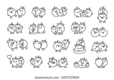 Funny couple of raspberry cartoon characters. Coloring Page. Cute summer berry friends. Hand drawn style. Vector drawing. Collection of design elements.