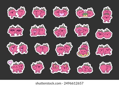 Funny couple of raspberry cartoon characters. Sticker Bookmark. Cute summer berry friends. Hand drawn style. Vector drawing. Collection of design elements.