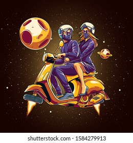 Funny Couple Riding Scooter Space Illustration
