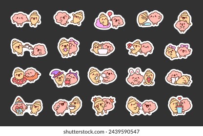Lustige Paar Muschel Cartoon Charaktere. Aufkleber Lesezeichen. Süße Kawaii-Meeresfreunde. Handgezeichneter Stil. Vektorzeichnung. Sammlung von Designelementen.
