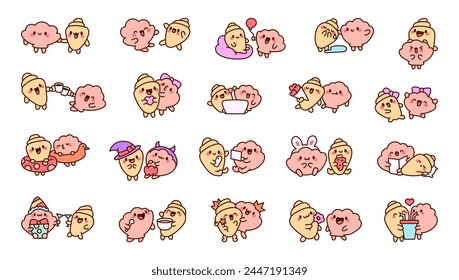 Funny couple seashell cartoon characters. Cute kawaii sea friends. Hand drawn style. Vector drawing. Collection of design elements.