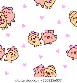 Funny couple seashell cartoon characters. Seamless pattern. Cute kawaii sea friends. Hand drawn style. Vector drawing. Design ornaments.