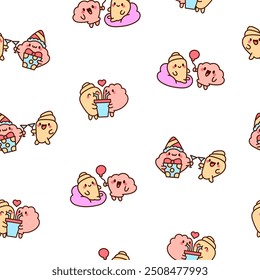 Funny couple seashell cartoon characters. Seamless pattern. Cute kawaii sea friends. Hand drawn style. Vector drawing. Design ornaments.