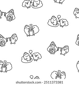 Funny couple seashell cartoon characters. Seamless pattern. Coloring Page. Cute kawaii sea friends. Hand drawn style. Vector drawing. Design ornaments.