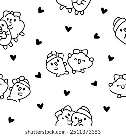 Funny couple seashell cartoon characters. Seamless pattern. Coloring Page. Cute kawaii sea friends. Hand drawn style. Vector drawing. Design ornaments.