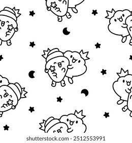 Funny couple seashell cartoon characters. Seamless pattern. Coloring Page. Cute kawaii sea friends. Hand drawn style. Vector drawing. Design ornaments.