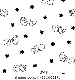 Funny couple seashell cartoon characters. Seamless pattern. Coloring Page. Cute kawaii sea friends. Hand drawn style. Vector drawing. Design ornaments.