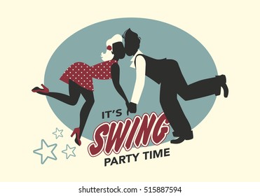 Funny couple silhouette dressed in retro style dancing swing or lindy hop
